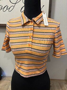 Olivaceous Orange Blush Collared Button Stripe Crop Top